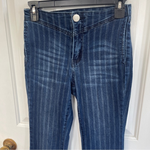 Uniq by Litz Jeans Women's 26 Blue Pinstripe Flare Leg Raw Hem Boho Retro - Picture 2 of 8